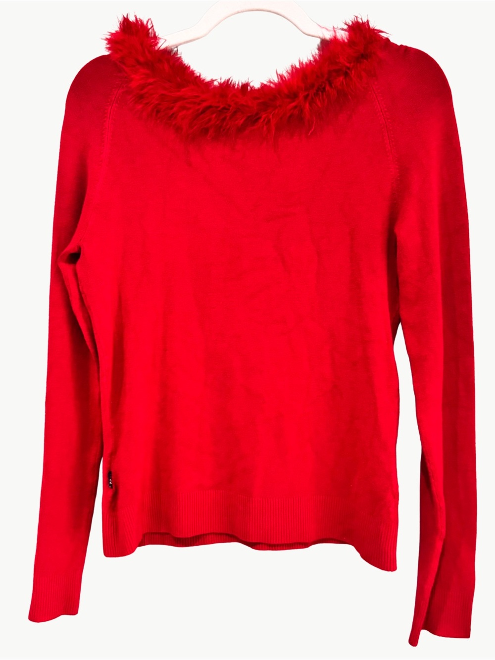 Red Feather Trim Y2K BCBGMAXAZRIA Fitted Sweater Size L Holiday Party Glam
